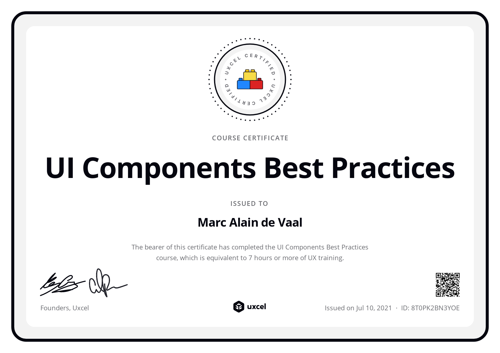 Marc de Vaal's certificate